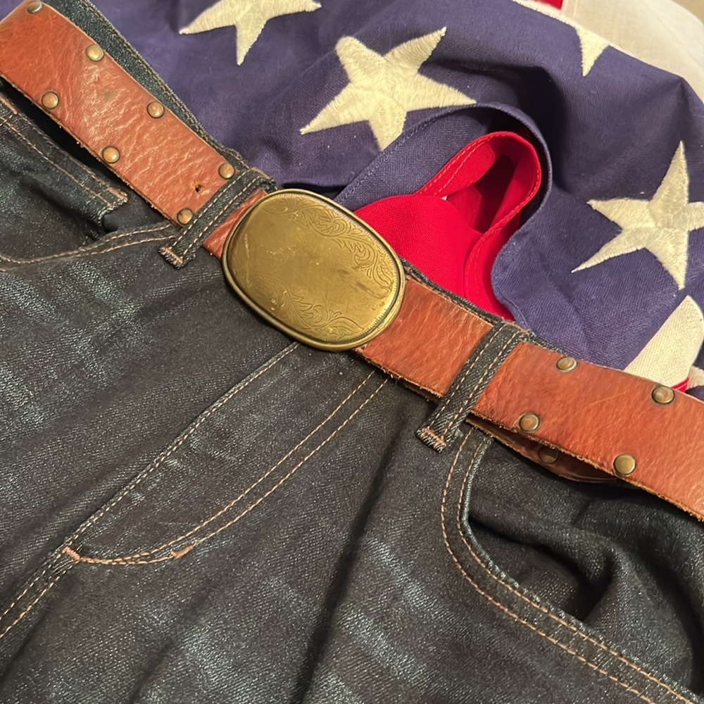 Vintage Brown Rustic & Rugged Leather Belt with Ornate Brass Buckle